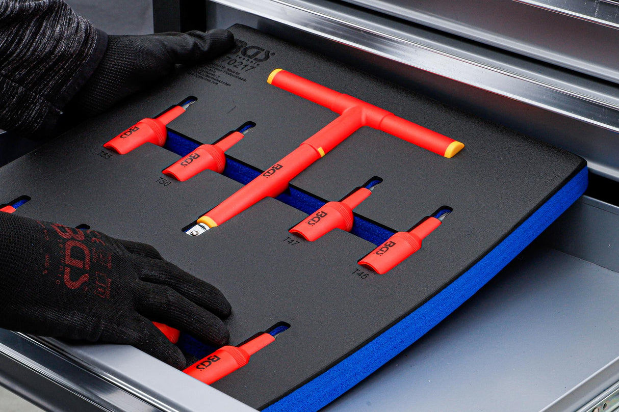 Įrankių dėklas 2/3: VDE įpresuotų antgalių rinkinys | 12,5 mm (1/2") | T-Star (Torx) T20 - T55 | 10 vnt. (70217)