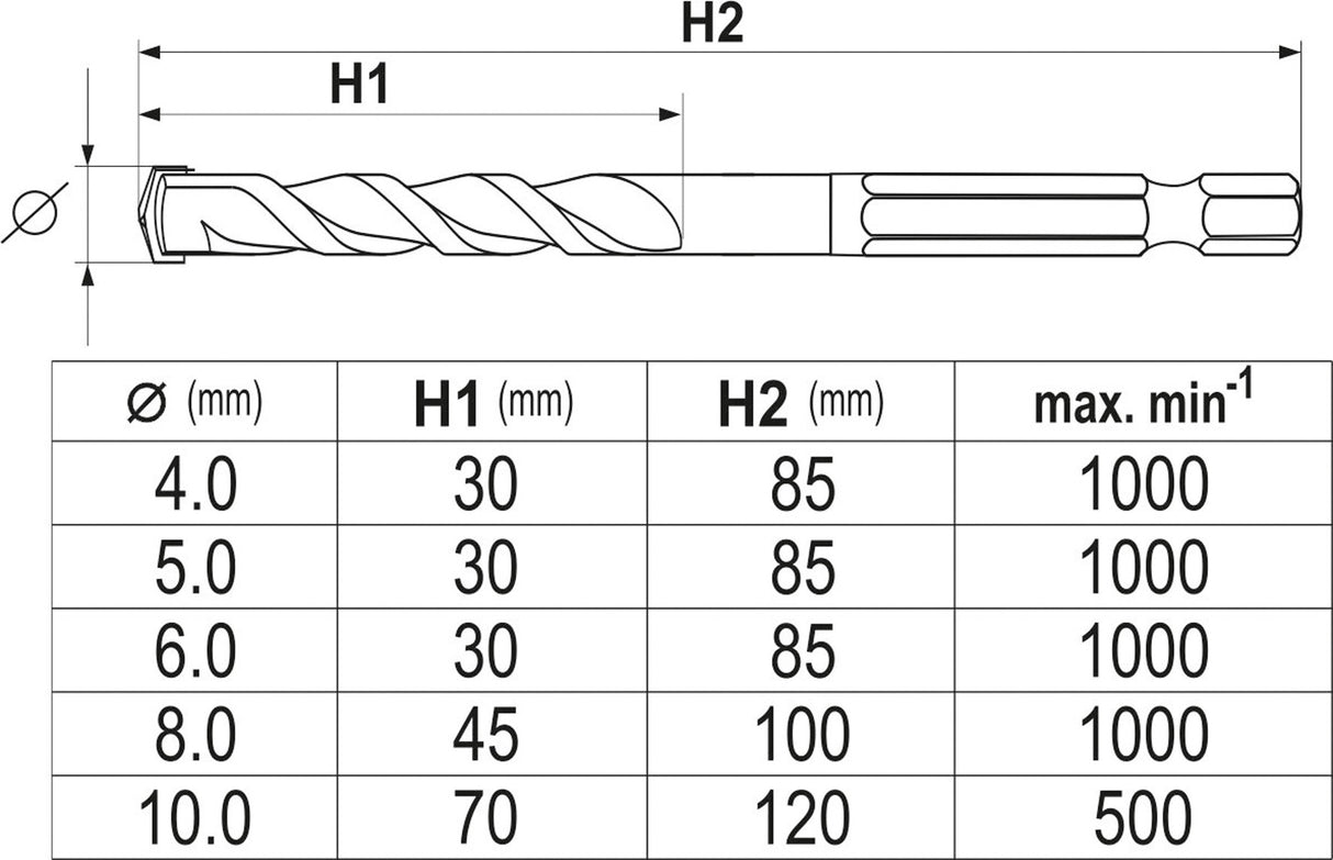 Grąžtų rinkinys su Hex 6.3 mm (1/4") galu | universalūs | 4 - 10 mm | 5 vnt. (YT-44789)