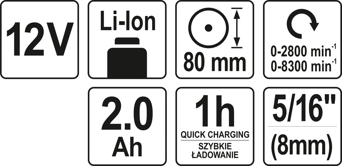 Poliruoklis akumuliatorinis 2AH / 1H / 80 mm / 2 greičiai | 3 antgaliai (YT-82903)