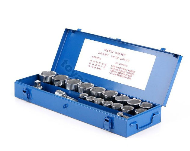 Galvučių komplektas 6 kampų | 22-50 mm | metalinė dėžė | 20 mm (3/4") | 21 vnt. (58150)