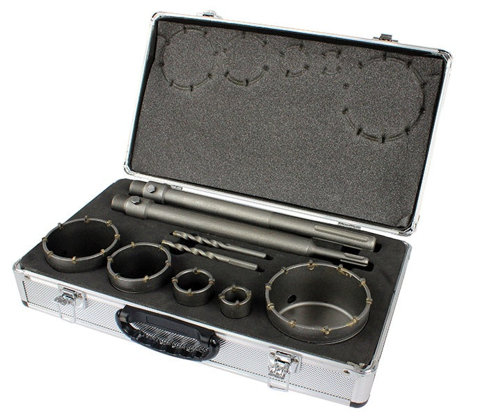 Gręžimo karūnų rinkinys su ilgais adapteriais SDS Plus | 30-100 mm | 9 vnt. (ES20449)