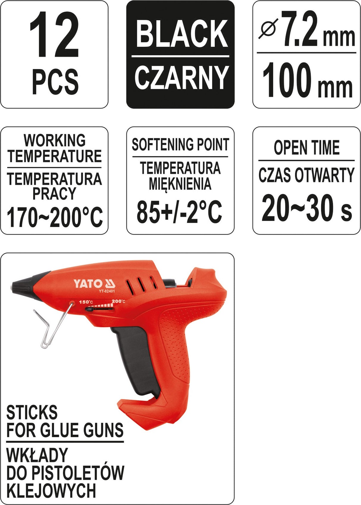 Karštų klijų lazdelės | juodos | 7,2X100 mm | 12 vnt. (YT-82441)