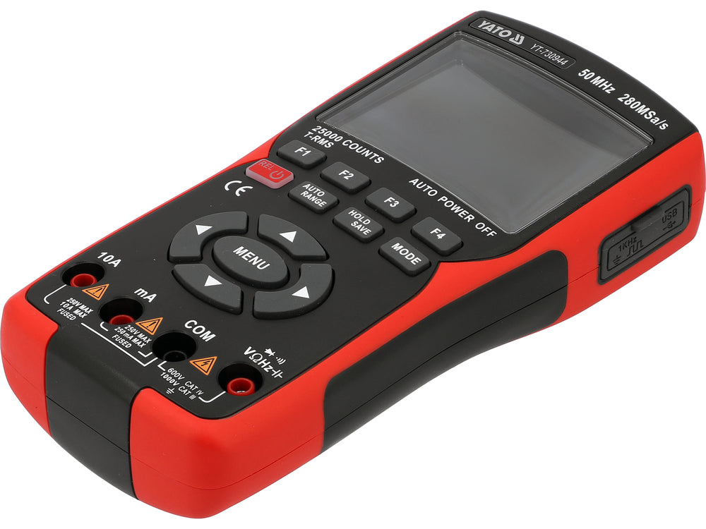 2 kanalų 50 MHz osciloskopas su multimetru ir signalų generatoriumi | 280 MSa/s, TRUE RMS (YT-730944)