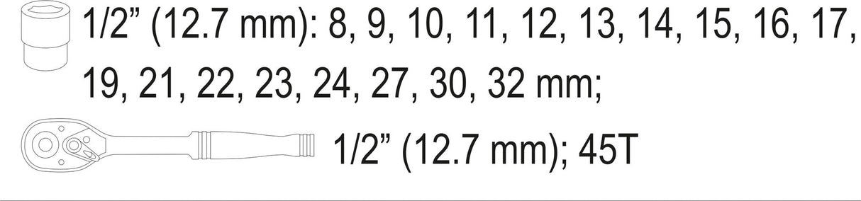 Galvučių rinkinys su terkšle | 12,5 mm (1/2") | 8-32 mm | 19 vnt. (58634)