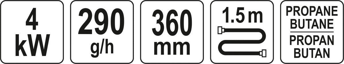 Dujinis degiklis su žarna ir antgaliais | 360 mm (YT-36730)