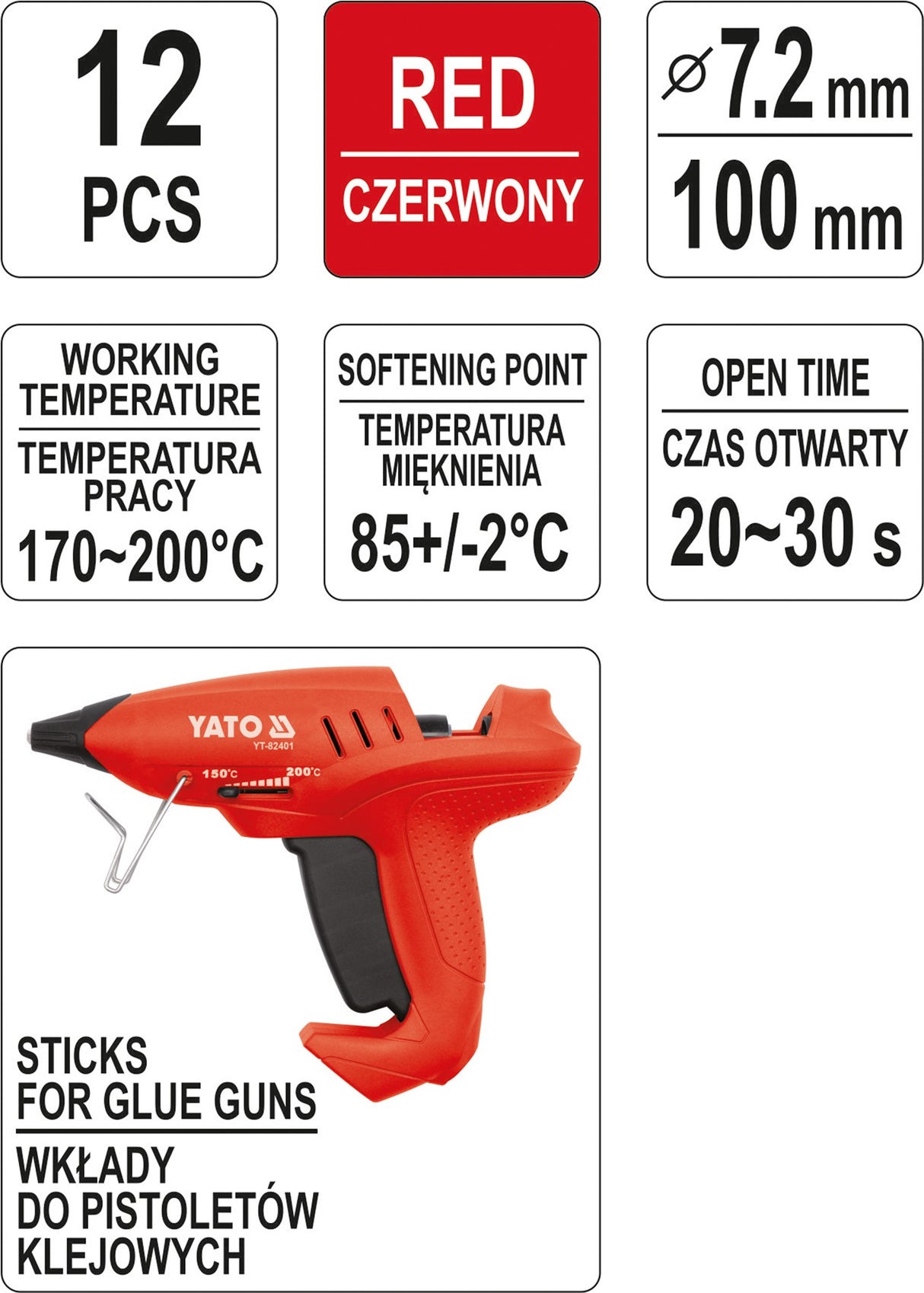 Karštų klijų lazdelės | raudonos | 7,2X100 mm | 12 vnt. (YT-82442)