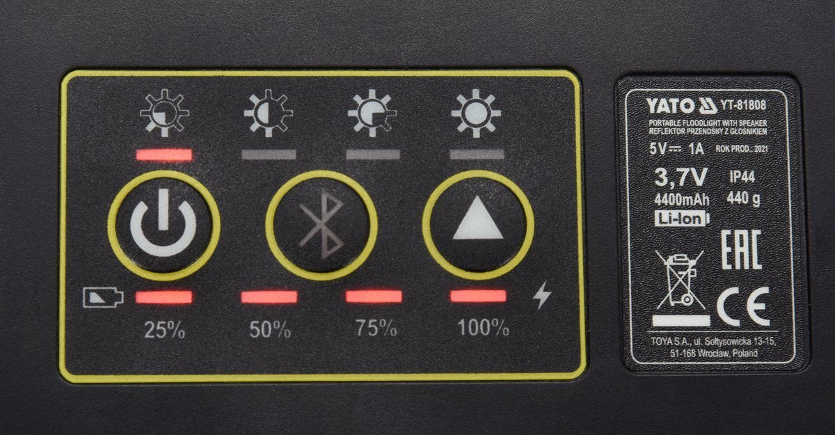 Perkeliamas žibintas su garsiakalbiu | 2X15W | 2000LM, LI-ION 3.7V 4400MAH, bluetooth POWERBANK (YT-81808)