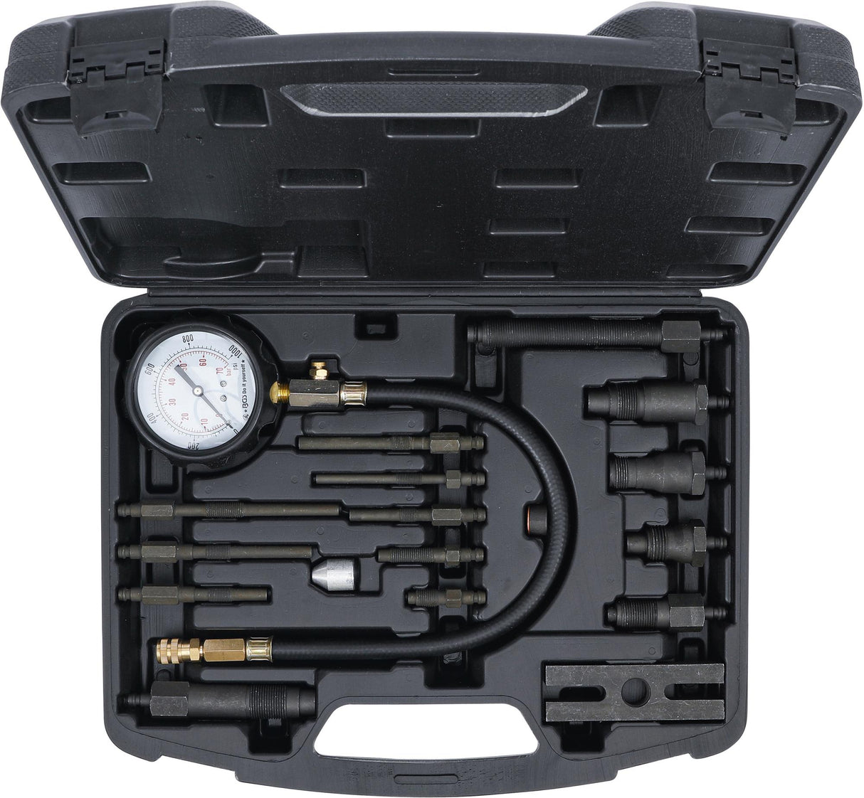 Dyzelinis kompresijos matuoklis su adapteriais (62660)