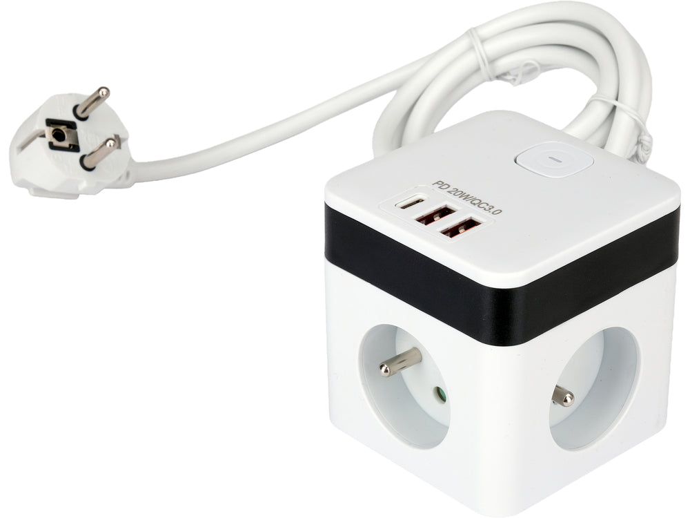 Maitinimo laidas/ilgintuvas su įžeminimu kubo formos | 5 lizdai + USB | 1,0 mm2 | 1.4 m (72480)