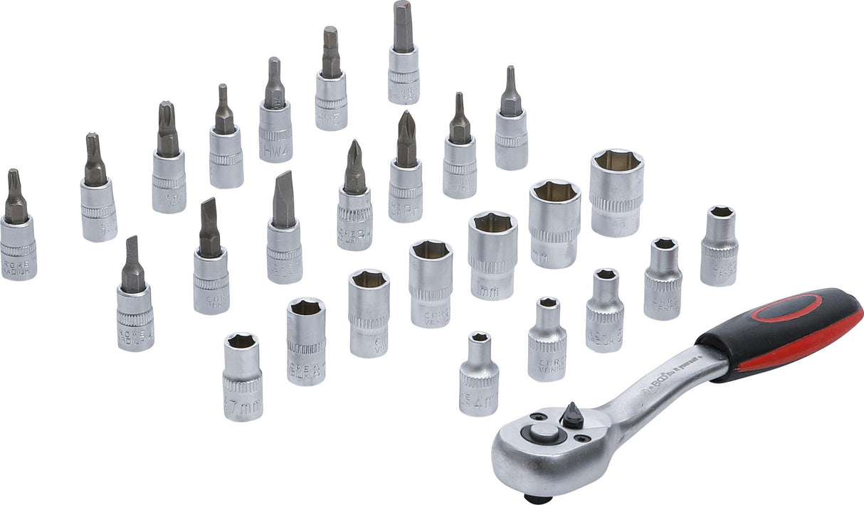 Galvučių ir antgalių rinkinys su terkšle | 6.3 mm (1/4") | 4-13 mm | 27 vnt. (15105)