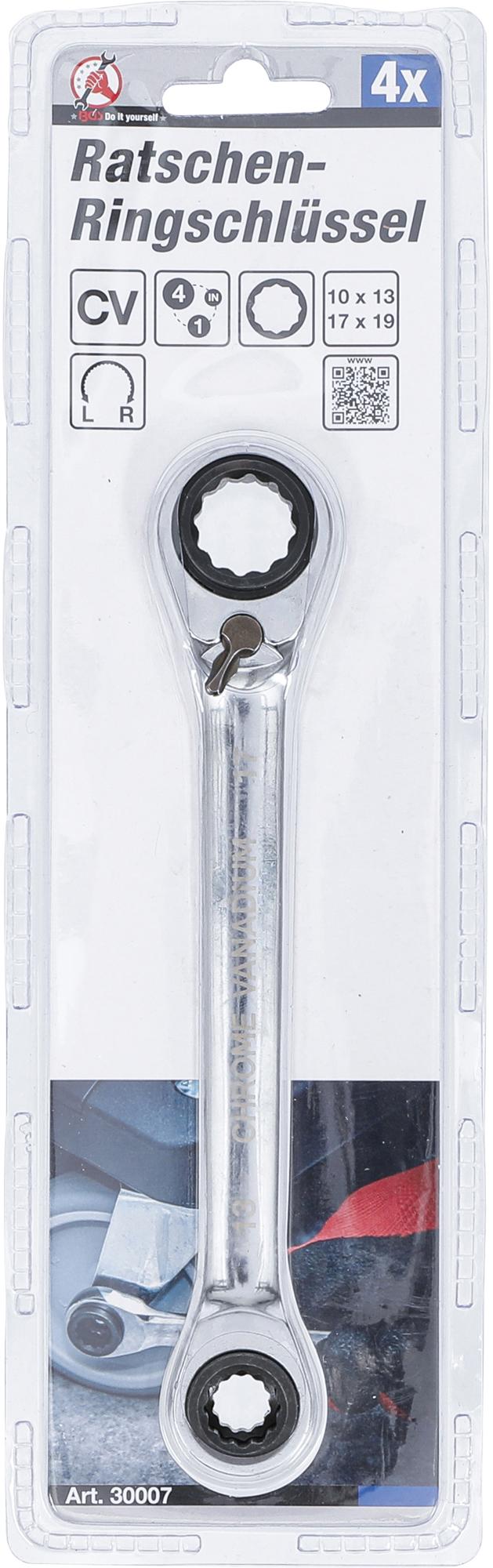 Raktas terkšlinis kilpinis | dvipusis su reversu | 4-in-1 | 10 x 13-17 x 19 mm (30007)