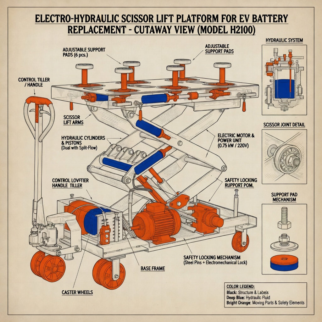 Elektrohidraulinės elektromobilių akumuliatorių keitimo platformos: inžinerija ir eksploatacija