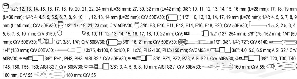 Įrankių rinkinys | 6.3 mm (1/4") / 10 mm (3/8") / 12,5 mm (1/2") | 129 vnt. (YT-38881)