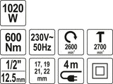 Elektrinis smūginis veržliaraktis su rinkiniu | 12,5 mm (1/2") | 600 Nm / 1020W (YT-82021)