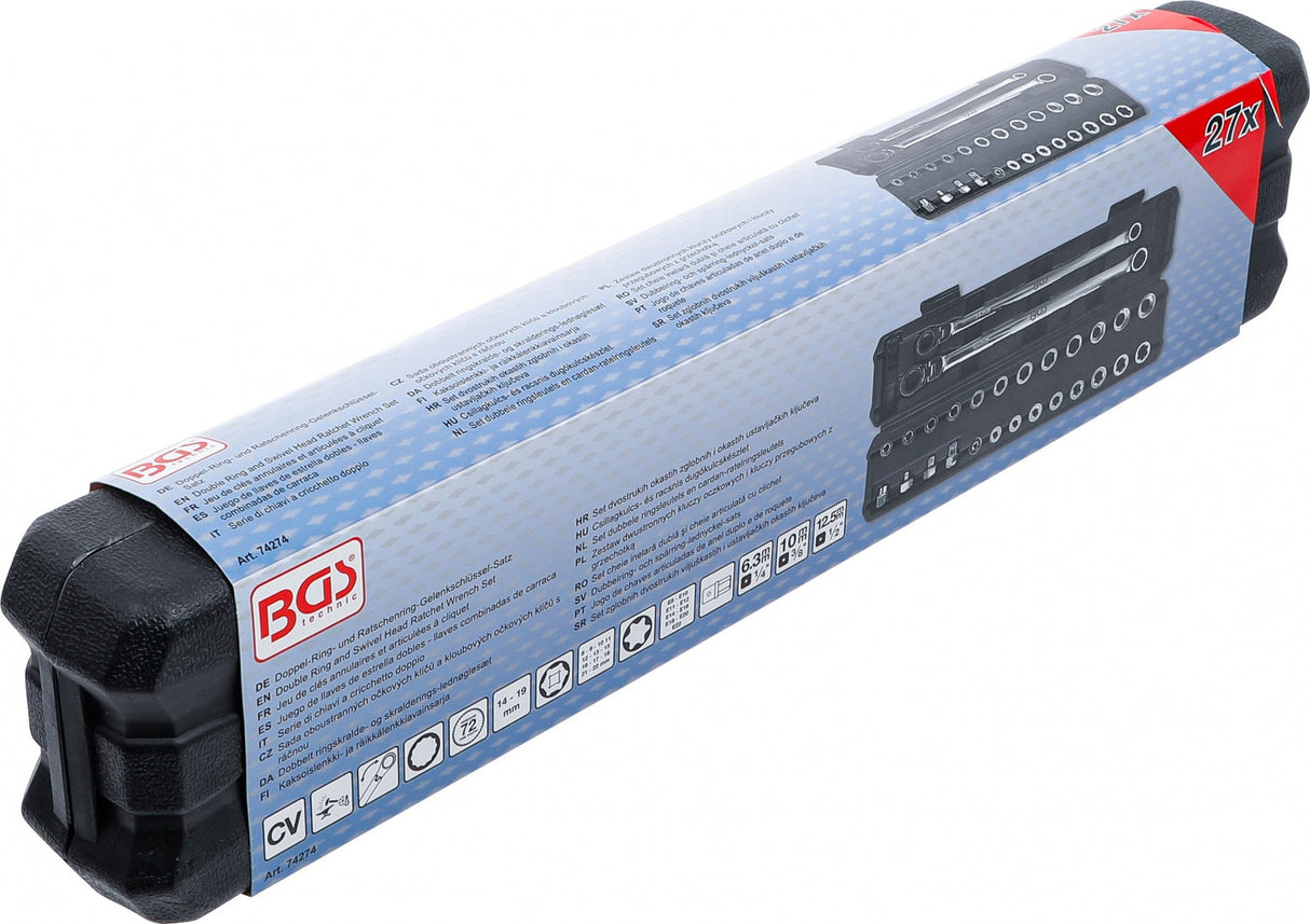 Dvigubo žiedo ir lanksčios galvutės terkšlinių veržliarakčių rinkinys | ilgi | 27 vnt. (74274)