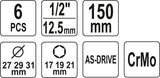 Plonasienių smūginių galvučių rinkinys su apsaugom | 12,5 mm (1/2") | 150 mm | 17/19/21 mm | 6 vnt. (YT-10563)
