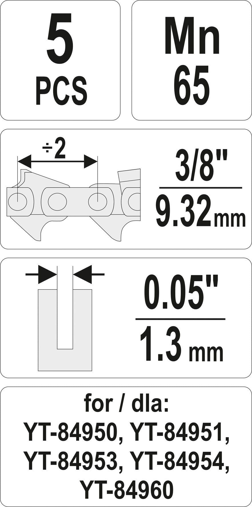Pjūklo grandinės sujungimų rinkinys | 3/8" / 0,05" | 5 vnt. (YT-84977)