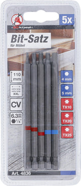 Antgalių rinkinys | 6,3 mm (1/4") | hex šešiakampis, T-Star (Torx) | 110 mm | 5 vnt. (4836)