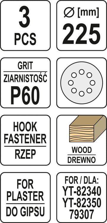 Šlifavimo popierius {velcro) apvalus | su skylėm | 225 mm / P60 | 3 vnt. (YT-83471)