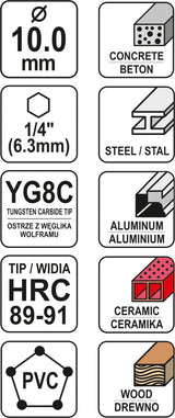 Grąžtas universalus su Hex 6.3 mm (1/4") galu | 10.0 mm (YT-44786)