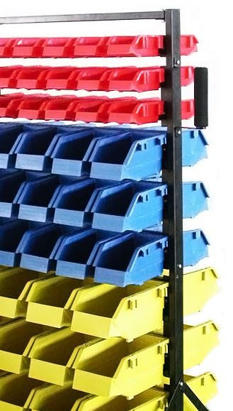 Sandėliavimo 90 vnt.dėžučių konteineris su padėklu ir ratukais 1300x650x575mm (B005)