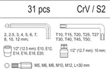 Įrankių rinkinys į vežimėlius - Hex ir Torx raktai, galvutės ir antgaliai 31vnt. (YT-55451)
