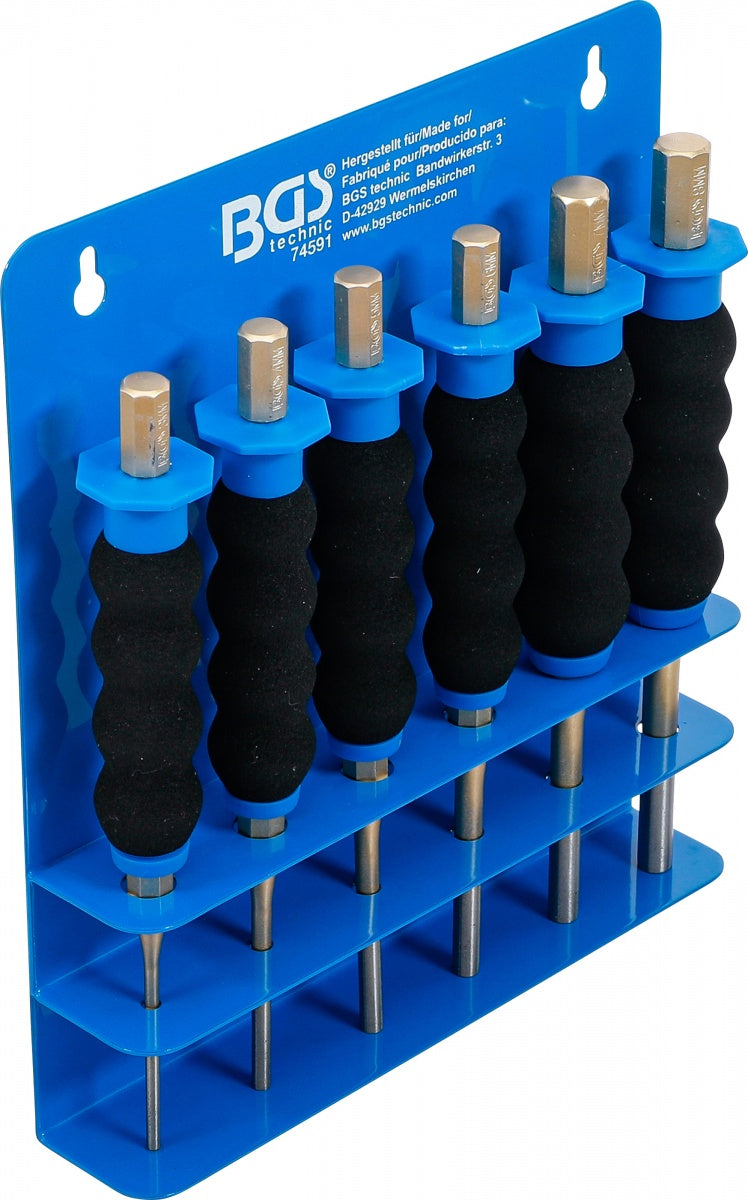 Bukų išmušėjų rinkinys | neslidi ergonomiška rankena | 180 mm | 3 - 8 mm | 6 vnt. (74591)