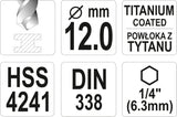 Grąžtas metalui su Hex 6.3 mm (1/4") galu HSS-TiN | 12.0 mm (YT-44774)