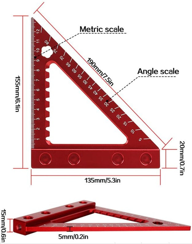 Aliuminis kampainis / medžio apdirbimo trikampė liniuotė | 90 | su baze (RS90A)