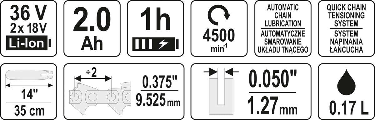 Аккумуляторная цепная пила | 14″ | 2 батареи 36V=2 x 18V | 2 x 2,0AH