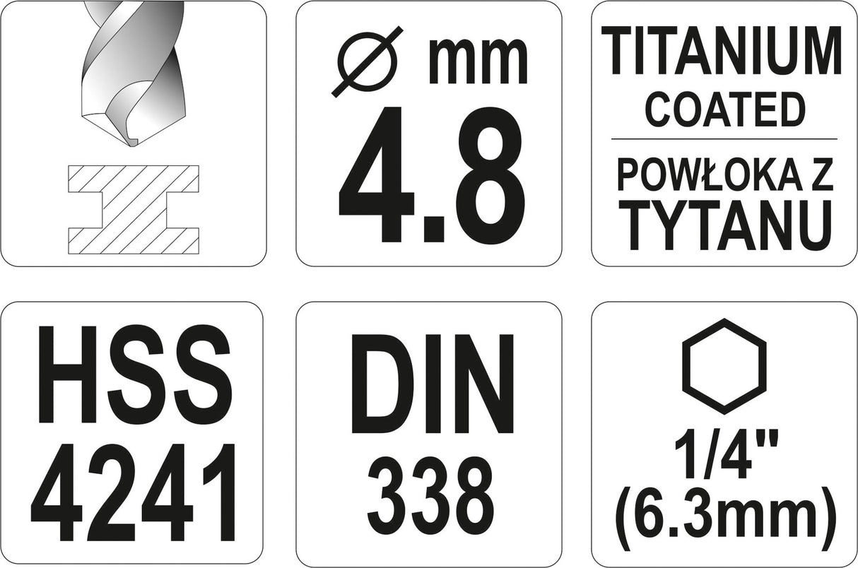 Grąžtas metalui su Hex 6.3 mm (1/4") galu HSS-TiN | 4.8 mm (YT-44760)