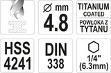 Grąžtas metalui su Hex 6.3 mm (1/4") galu HSS-TiN | 4.8 mm (YT-44760)