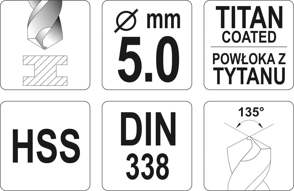 Grąžtas metalui HSS-TIN 5.0 mm (YT-44650)