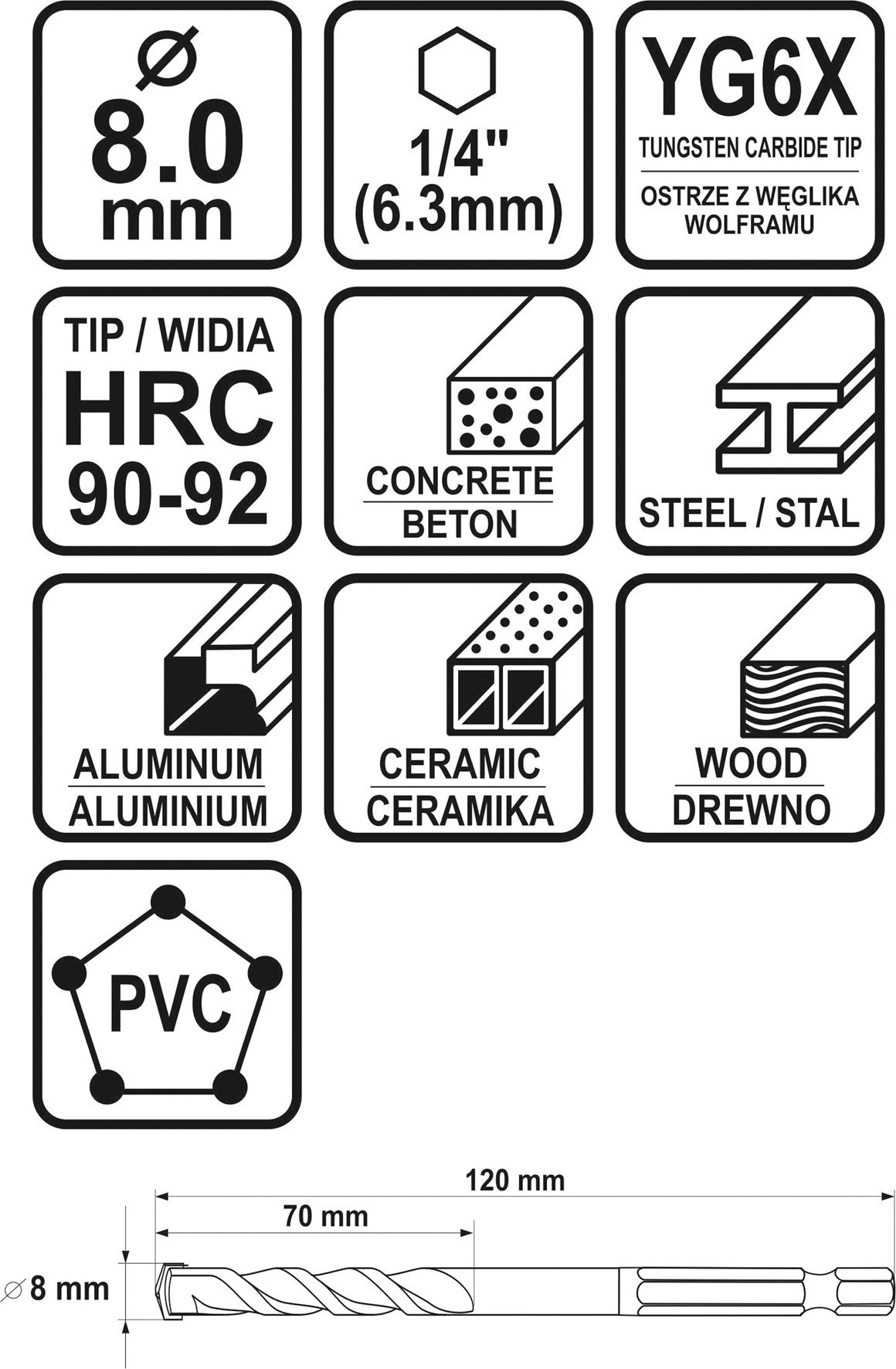 Grąžtas universalus su Hex 6.3 mm (1/4") galu | 8.0 mm (21690)