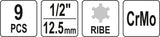 Smūginių antgalių rinkinys | 12,5 mm (1/2") | Spline (Ribe) M5 - M14 | 9 vnt. (YT-10681)
