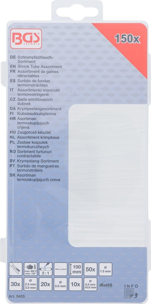 Susitraukiančių žarnelių asortimentas | skaidrūs | 150 vnt. (9405)