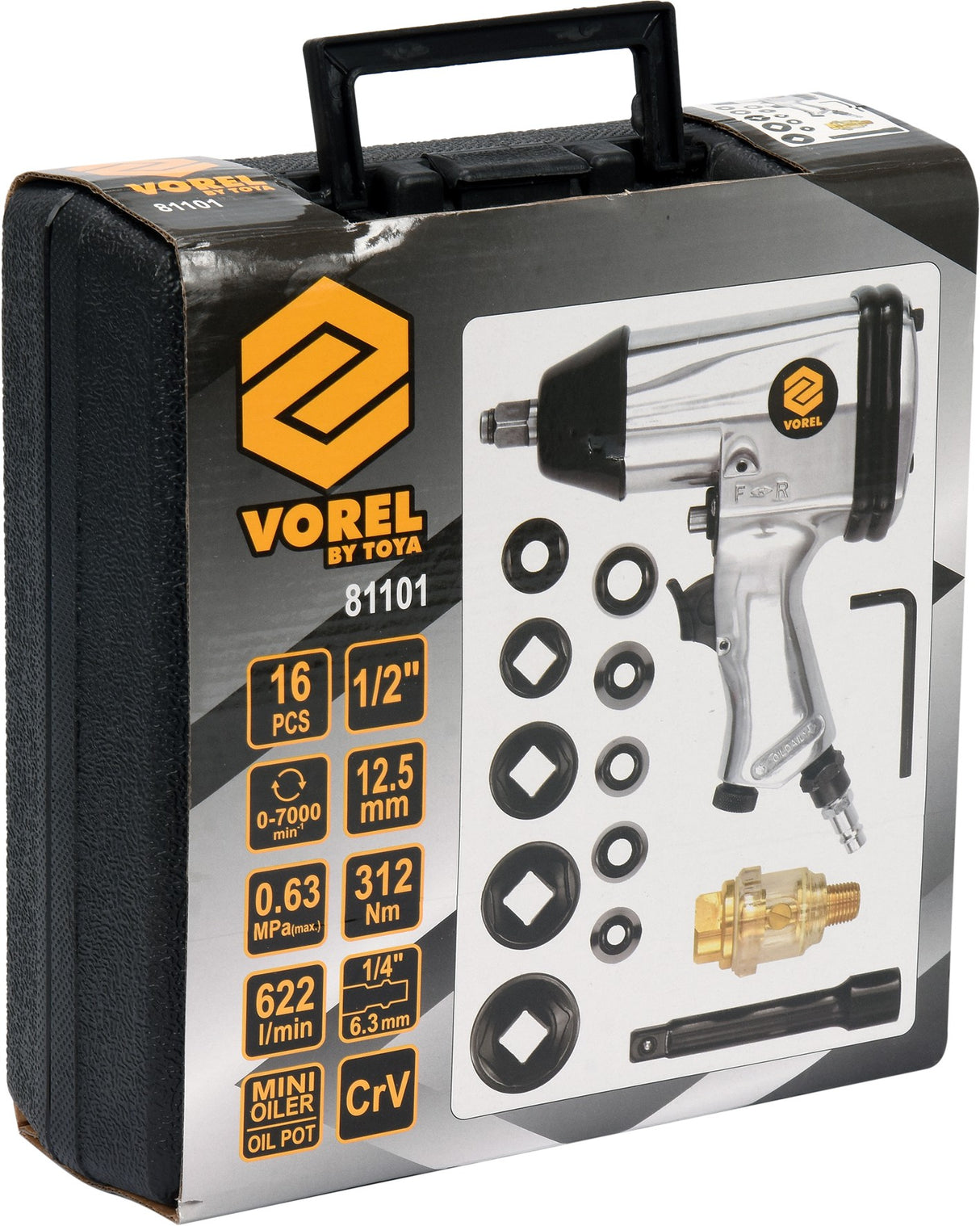 Pneumatinis smūginis veržliaraktis su įrankių rinkiniu | 12,5 mm (1/2") | 320 Nm | 16 vnt. (81101)