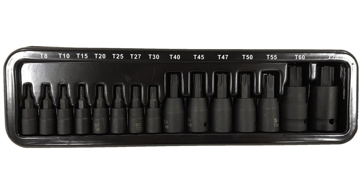 Smūginiai antgaliai | 6.3 mm (1/4") / 10 mm (3/8") / 12,5 mm (1/2") | T-Star (Torx) T6 - T70 | 15 vnt. (S1115)