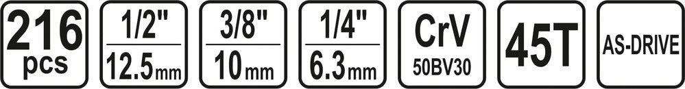 Įrankių rinkinys | 6.3 mm (1/4") / 10 mm (3/8") / 12,5 mm (1/2") | 216 vnt. (58691)