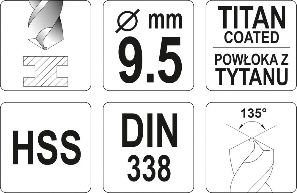 Grąžtas metalui HSS-TIN 9.5 mm (YT-44661)