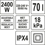 Dulkių siurblys pramoninis | drėgna ir sausa funkcija | 2400 W / 70 l (YT-85710)