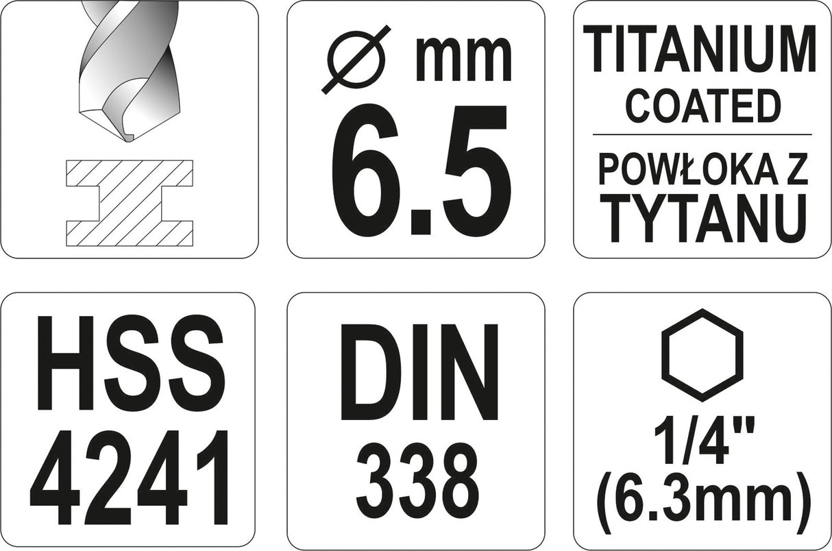 Grąžtas metalui su Hex 6.3 mm (1/4") galu HSS-TiN | 6.5 mm (YT-44765)