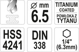 Grąžtas metalui su Hex 6.3 mm (1/4") galu HSS-TiN | 6.5 mm (YT-44765)