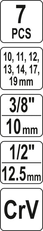 Specializuotų galvučių rinkinys su išpjova | 10 mm (3/8") | 10 - 19 mm | 6 vnt. (YT-17508)