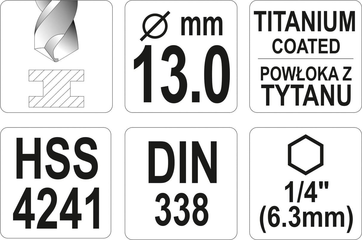 Сверло по металлу с шестигранным хвостовиком 6.3 mm (1/4") HSS-TiN | 13.0 mm