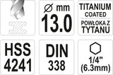 Сверло по металлу с шестигранным хвостовиком 6.3 mm (1/4") HSS-TiN | 13.0 mm