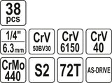 Galvučių su terkšle rinkinys | 6.3 mm (1/4") | 38 vnt. (YT-14471)