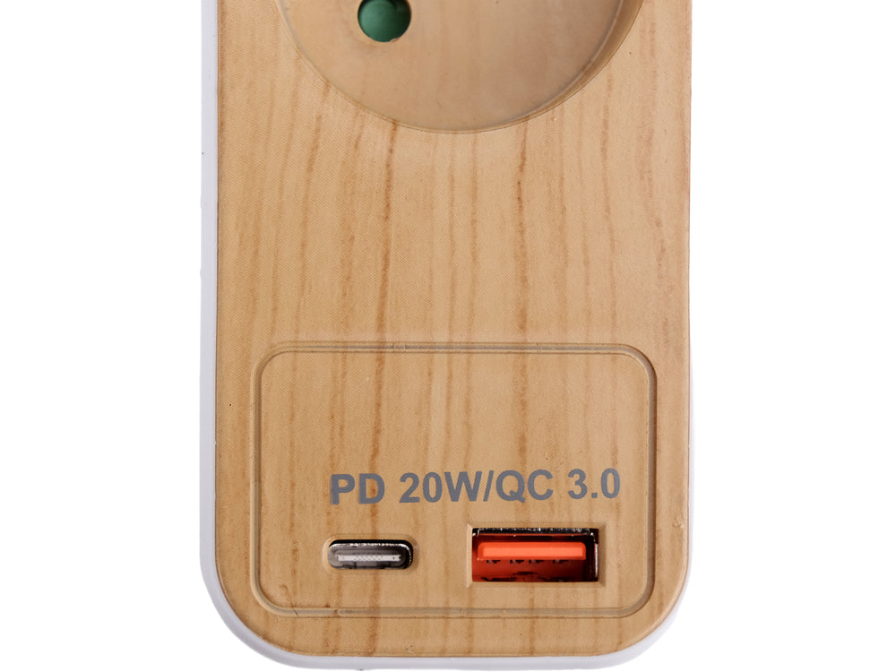 Maitinimo laidas/ilgintuvas su įžeminimu (medžio imitacija) | 5 lizdai + USB | 1,0 mm2 | 1.4 m (72344)