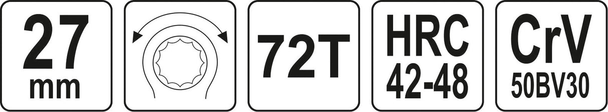 Raktas kilpinis lenktas su terkšle | reversinis | 27 mm (YT-02386)