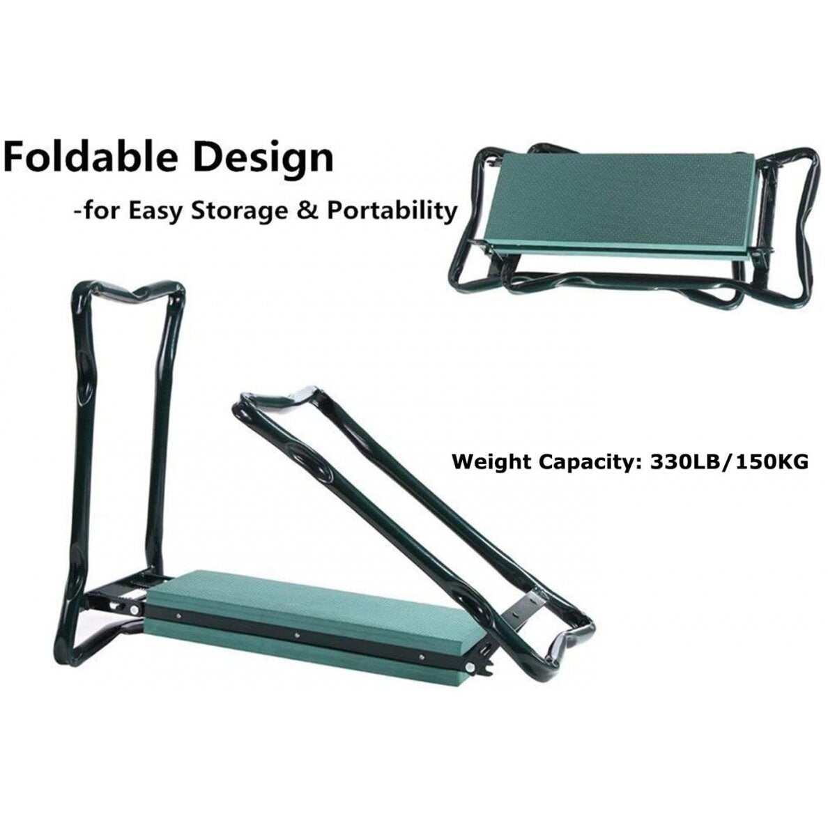 Sulankstomas sodo suoliukas ir kelių apsauga su įrankių krepšiu | 2 viename (ST-1)